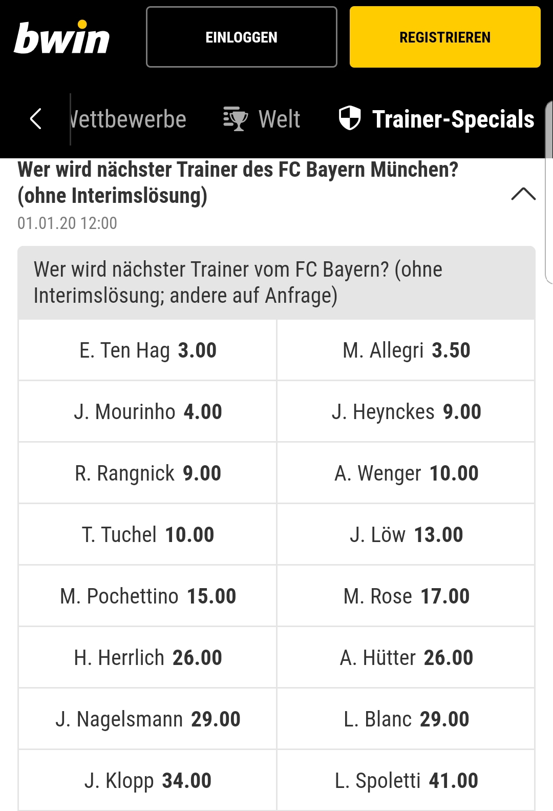 Neuer Bayern Trainer Wettquoten