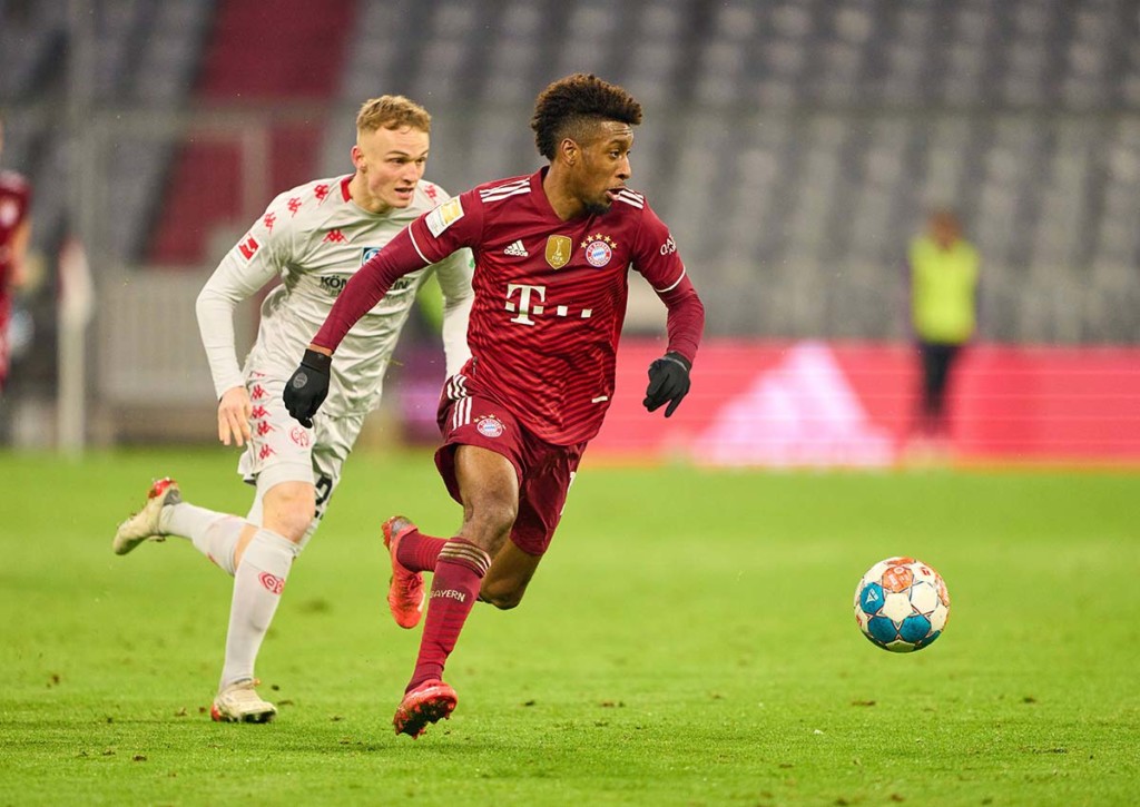 Kann Mainz (im Bild: Jonathan Burkhardt) den Bayern (im Bild: Kingsley Coman) einen Punkt abluchsen? © IMAGO / ActionPictures, 11.12.2021 Mainz FC Bayern Tipp