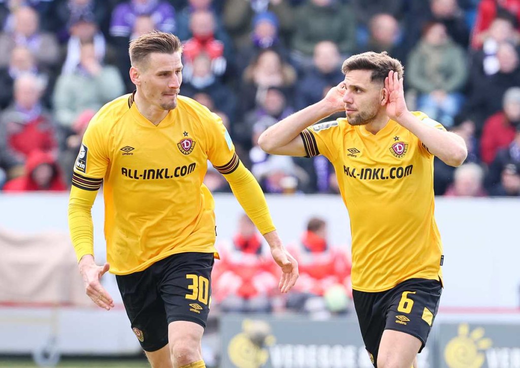 Holt Dresden (im Bild: Kutschke, Arslan) den erwarteten Heimsieg gegen RW Essen? © IMAGO / Picture Point, 02.04.2023 Dresden RW Essen Tipp