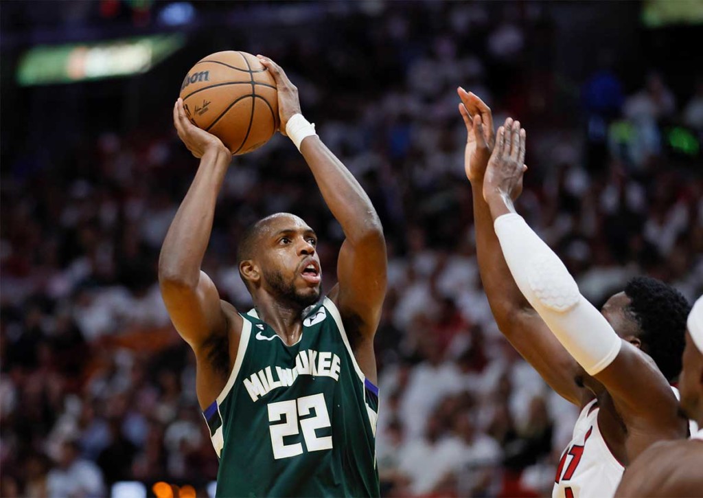 Gelingt den Milwaukee Bucks (im Bild: Khris Middleton) auch ohne Giannis der Ausgleich gegen Miami Heat? © IMAGO / USA TODAY Network, 22.04.2023 Miami Heat Milwaukee Bucks Game 4 Tipp