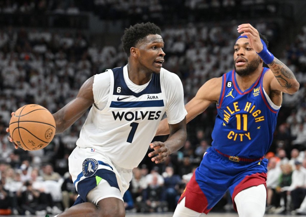 Stemmt sich Anthony Edwards mit seinen Timberwolves in Spiel 4 gegen das 0:4-Serienaus gegen die Nuggets? © IMAGO / USA Today Network, 21.04.2023 Stemmt sich Anthony Edwards mit seinen Timberwolves in Spiel 4 gegen das 0:4-Serienaus gegen die Nuggets?
