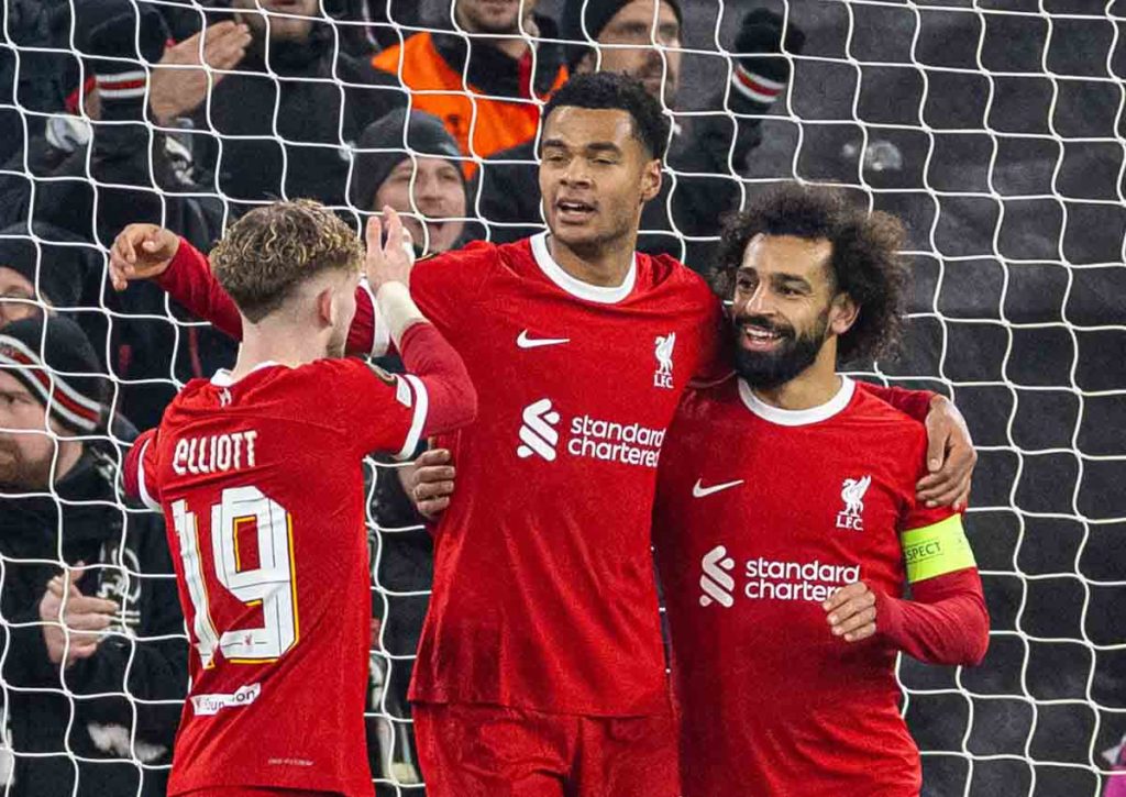 Jubeln Elliott, Gapko, Mo Salah und Liverpool auch beim Angstgegner Nottingham Forest? © IMAGO / Propaganda Photo, 30.11.2023 Nottingham vs. Liverpool Tipp, Prognose & Quoten 02.03.2024 - Premier League