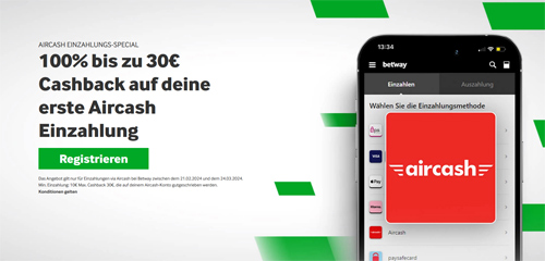 Bei Betway zu 30 € Cashback mit Aircash