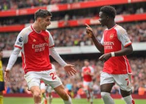 Jubelt Arsenal (im Bild: Havertz & Saka) gegen Manchester United über einen Auswärtssieg? (© Mark Pain / Alamy Stock Photo) Manchester United vs. Arsenal Tipp, Prognose & Quoten 12.05.2024 - Premier League