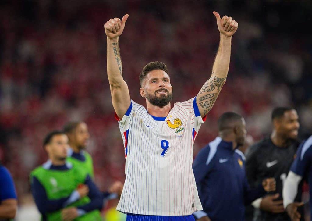 Sorgt Frankreich (im Bild: Olivier Giroud) auch ohne Superstar Mbappe für Über-Tore am 2. Gruppenspieltag? (© Moritz Müller / Alamy Stock Photo) EM 2024 Über/Unter-Wetten