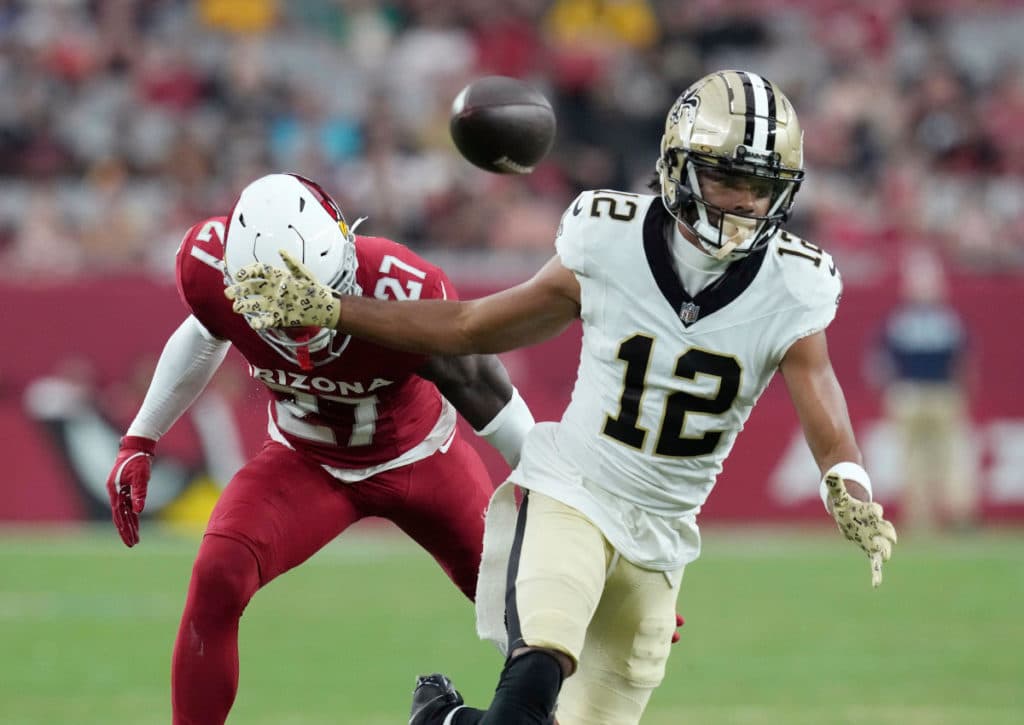 Werden die Offensive Plays der Saints vermehrt über Wide Receiver Chris Olave (im Beld rechts) laufen? (© Associated Press / Alamy Stock Photo) New Orleans Saints Carolina Panthers Tipp