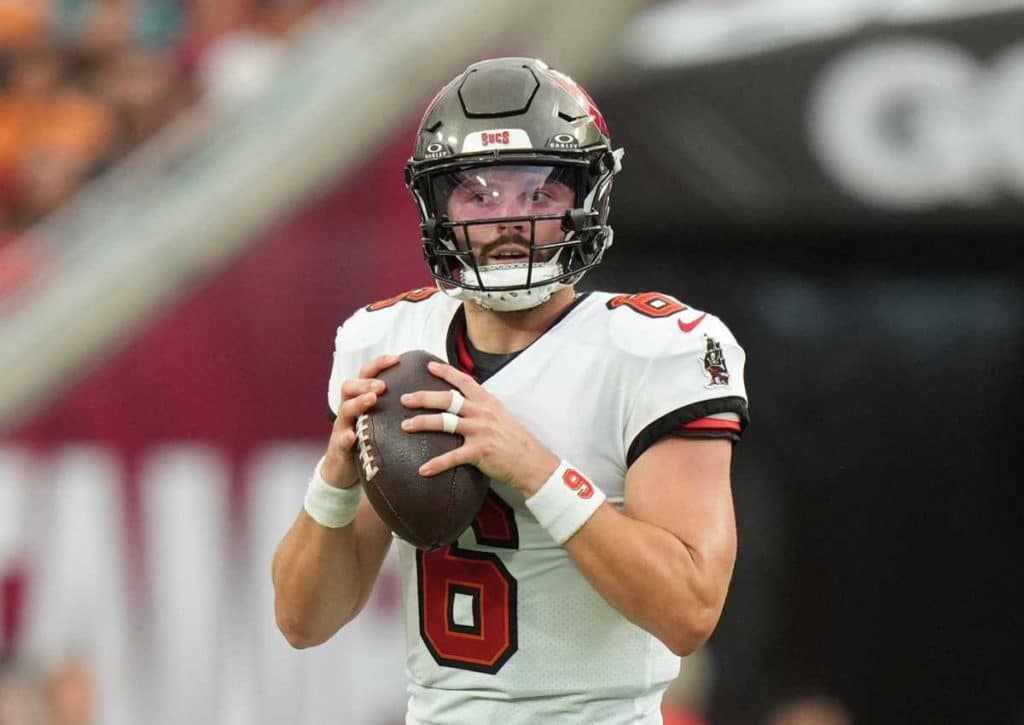 Haben die Buccaneers (im Bild: Mayfield) gute Chancen gegen die Commanders? (© Associated Press / Alamy Stock Photo) Tampa Bay Buccaneers Washington Commanders Tipp