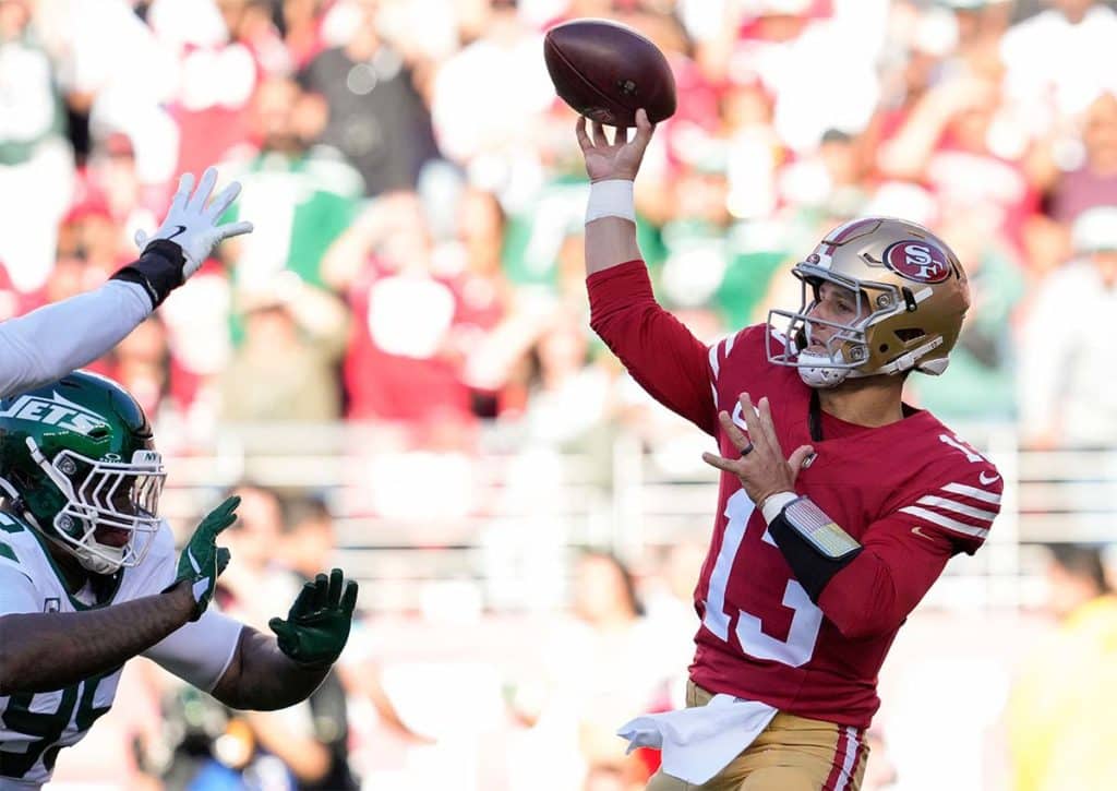 Wirft Purdy seine 49ers zum historischen Sieg in Minneapolis? (© Associated Press / Alamy Stock Photo) Vikings 49ers Tipp