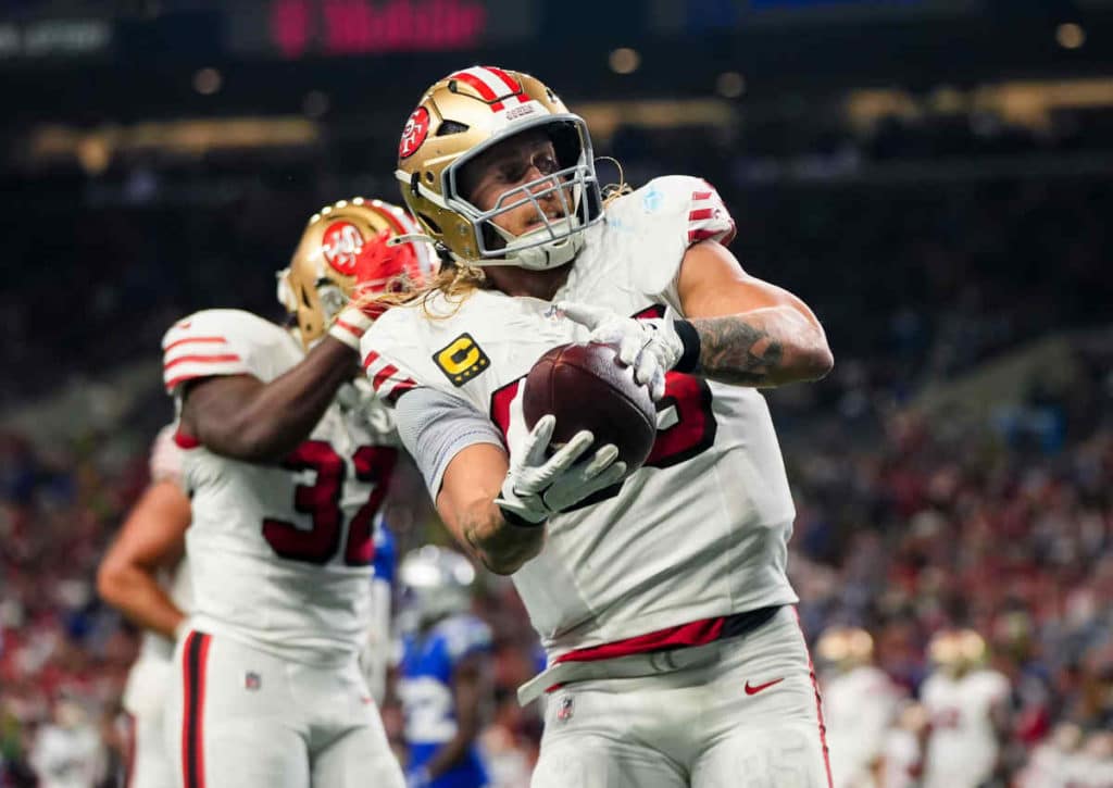 Gelingt den 49ers (im Bild: George Kittle) gegen die Chiefs die Revanche für den verlorenen Super Bowl? (© Associated Press / Alamy Stock Photo) Gelingt den 49ers (im Bild: George Kittle) gegen die Chiefs die Revanche für den verlorenen Super Bowl?