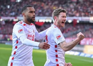 Entscheidung in der 2. Liga: Katapultiert sich der 1. FC Köln (im Bild: Florian Kainz, Linton Maina) in die Bundesliga? (© dpa picture alliance / Alamy Stock Photo) 2. Bundesliga 34. Spieltag Vorschau