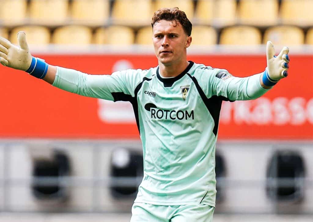 Bleiben zwischen Aachen (im Bild: Jan Olschowsky) und Hoffenheim 2 Tore aus? (© dpa picture alliance / Alamy Stock Photo) Aachen Hoffenheim 2 Tipp