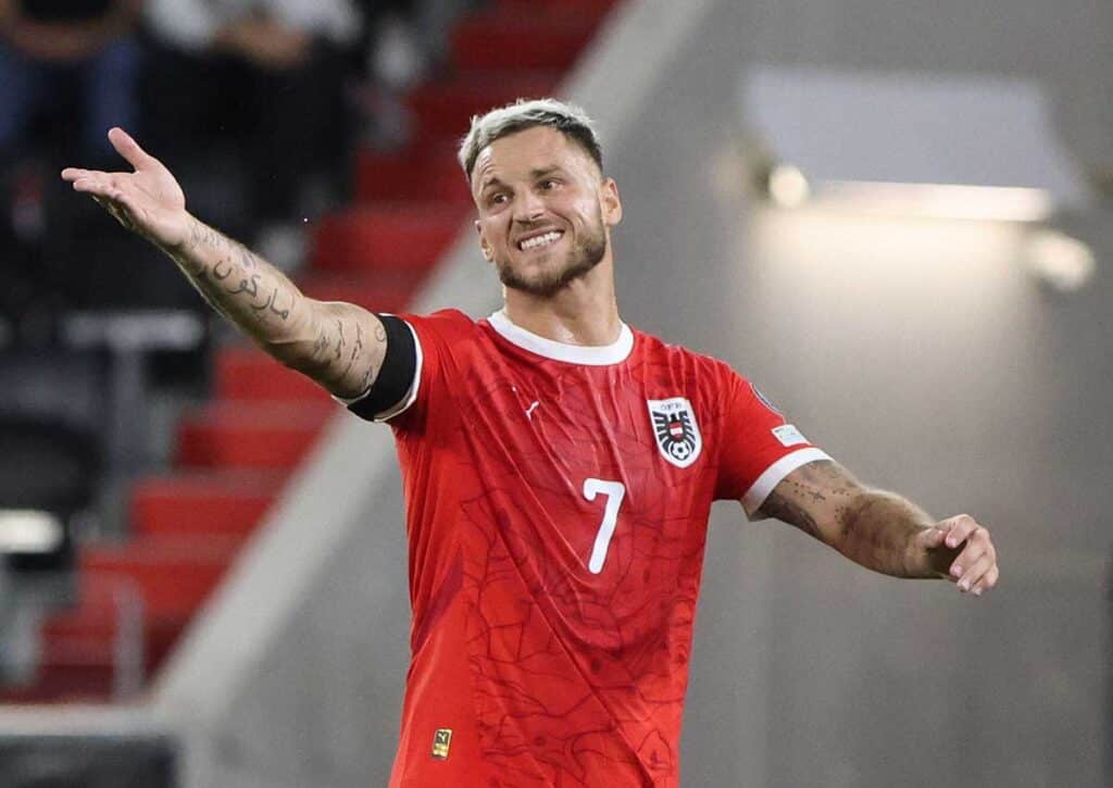 Schafft es Bosnien, gegen den klaren Favoriten Österreich (im Bild: Arnautovic) zu überraschen? (© APA-PictureDesk / Alamy Stock Photo) Bosnien Österreich Tipp