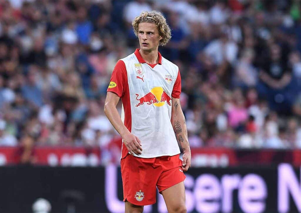 Muss sich Red Bull Salzburg (im Bild: Maurits Kjaergaard) zum Start in die Europa League dem Favoriten aus Porto beugen? (© ddp media GmbH / Alamy Stock Photo) Europa League Favoriten Tipps 23.09.-25.09.2025