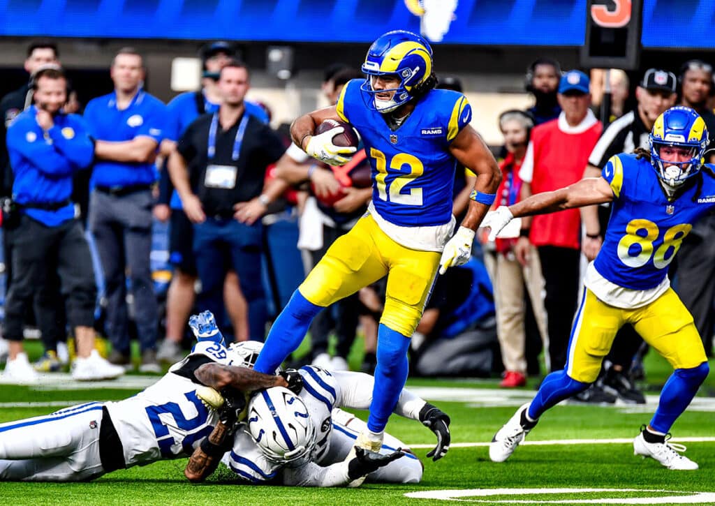 Können die Los Angeles Rams (im Bild: Puka Nacua) ihre Stärken gegen geschwächte 49ers ausspielen? (© Louis Lopez/Cal Sport Media/Alamy Live News) Los Angeles Rams vs. San Francisco 49ers Tipp