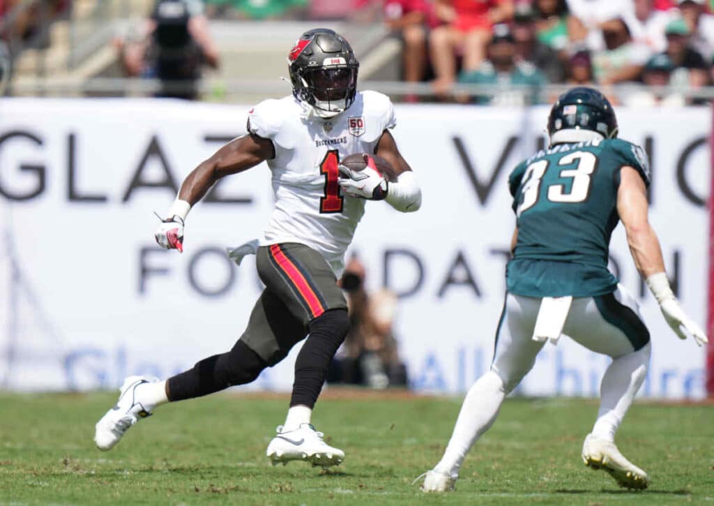 Macht Buccaneers-Running Back Rachaad White im Spiel gegen die Detroit Lions erneut den Unterschied? (© AP Photo/Peter Joneleit / Alamy Stock Photo) Macht Buccaneers-Running Back Rachaad White im Spiel gegen die Detroit Lions erneut den Unterschied?