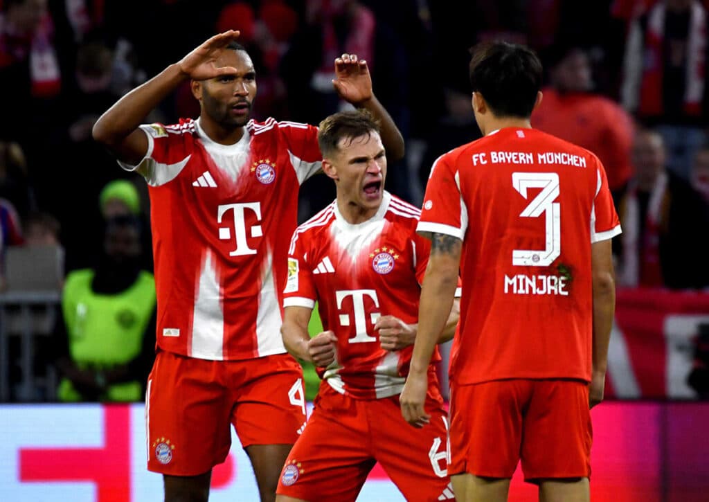 Setzt der FC Bayern (im Bild: Jonathan Tah, Joshua Kimmich, Min-jae Kim) seinen Mega-Lauf auch gegen Brügge fort? (© dpa picture alliance / Alamy Live News) Bayern vs. Brügge Tipp