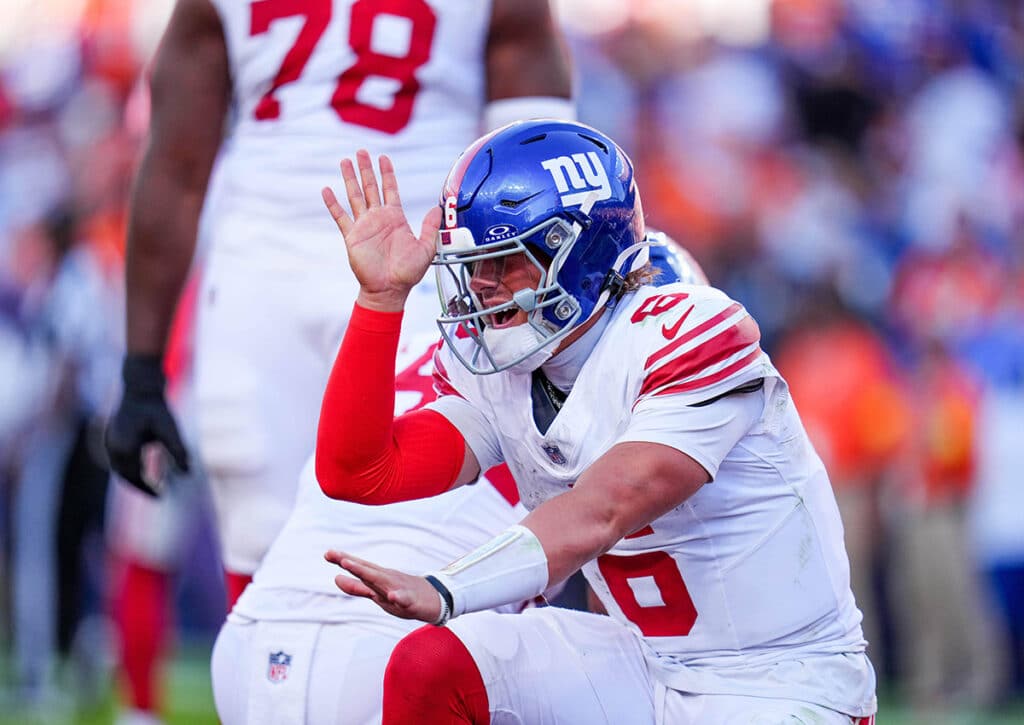 Jubeln die New York Giants (im Bild: Theo Johnson) erneut wie vor zwei Wochen gegen die Philadelphia Eagles? (© Associated Press/Jack Dempsey) Philadelphia Eagles vs. New York Giants Tipp