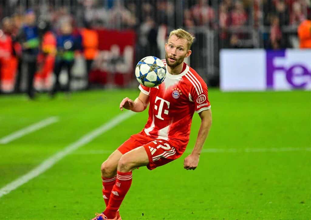 Gelingt es den Bayern (im Bild: Konrad Laimer) Titelverteidiger PSG zu schlagen? (© dpa picture alliance / Alamy Stock Photo) PSG Bayern Tipp