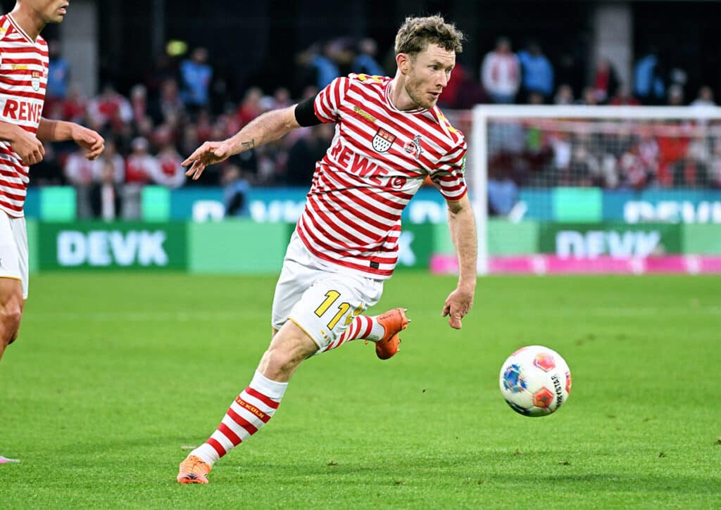 Jubelt der 1. FC Köln (im Bild: Florian Kainz) auch im Derby bei Borussia Mönchengladbach? (© Powerpics / Alamy Stock Photo) Bundesliga Außenseiter Tipps 10. Spieltag 2025/26