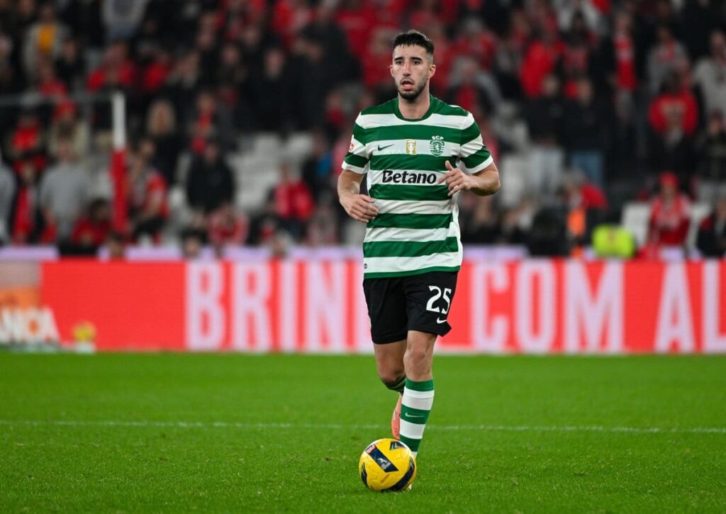 Sporting Lissabon (im Bild: Gonçalo Inácio) überrascht laut der KI Prognose zum 6. Spieltag der Champions-League-Ligaphase bei den Bayern! (© Ricardo Rocha / Alamy Live News) BETSiE Champions League KI Prognose 6. Spieltag