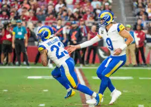 Trägt Kyren Williams von den LA Rams zum High-Scoring-Match gegen die Detroit Lions bei? (© Associated Press/Alamy Live News) Trägt Kyren Williams von den LA Rams zum High-Scoring-Match gegen die Detroit Lions bei?