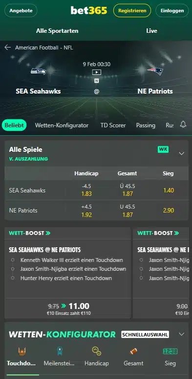 bet365 Super Bowl Wetten 2026 Patriots vs. Seahawks