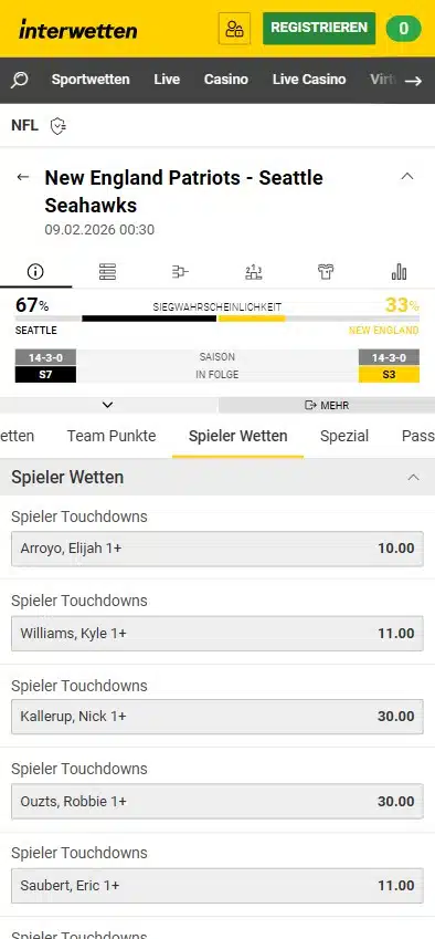 Interwetten Super Bowl Wettquoten 2026