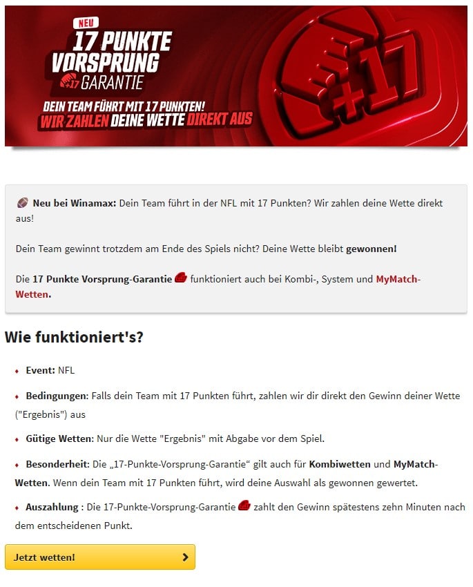 Winamax Super Bowl 17 Punkte Vorsprung-Garantie