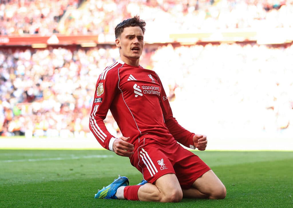 Kann der FC Liverpool (im Bild: Florian Wirtz) mit einem Sieg im direkten Duell mit Manchester United gleichziehen? (© Sportimage Ltd / Alamy Live News) Premier League 35. Spieltag Wett-Tipps