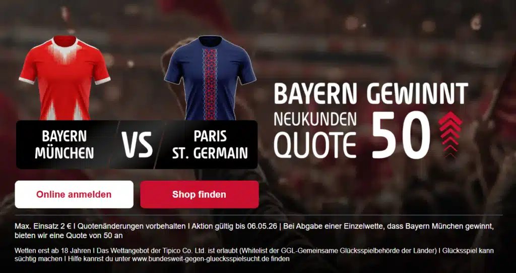 Erhöhte Bayern vs PSG Quote Tipico