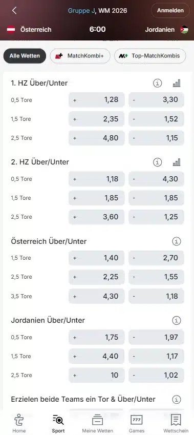 WM Wetten Über/Unter Beispiel
