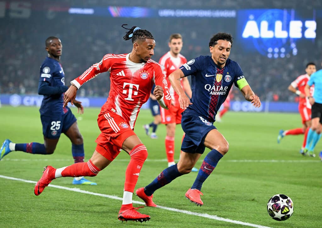 Wer gewinnt den Wettlauf im CL-Semifinal-Rückspiel: Bayern (im Bild: Michael Olise; Marquinhos) oder PSG? (© Federico Gambarini/dpa/Alamy Live News) Champions League KI Prognose Halbfinale Rückspiele