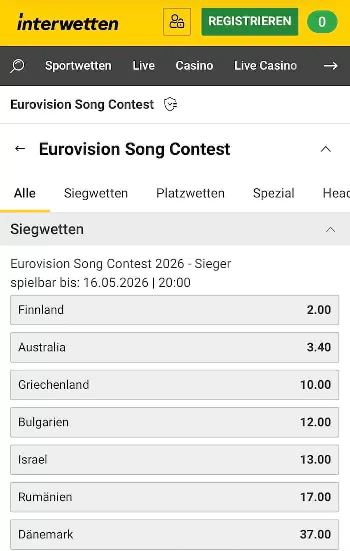 ESC Wetten Interwetten Freebet Österreich
