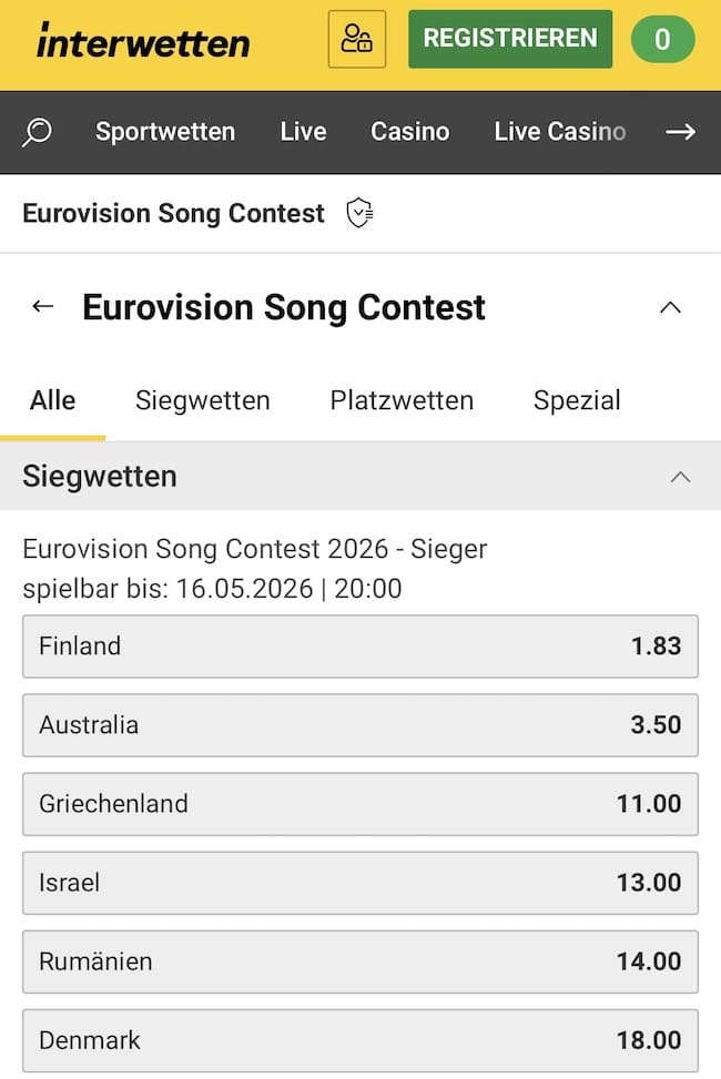 ESC Wetten Interwetten Freebet Österreich