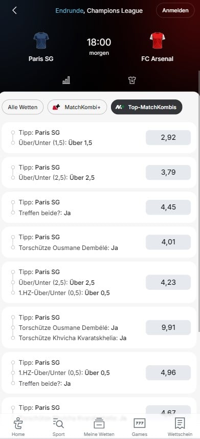 Tipico Quoten PSG - Arsenal Wetten
