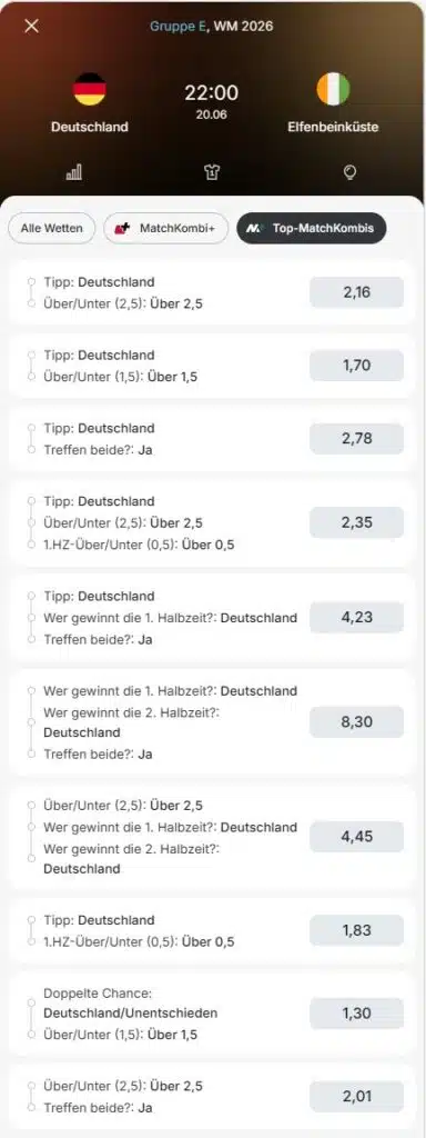 Deutschland - Elfenbeinküste Tipico Quoten WM 2026 Matchkombi+