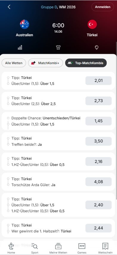 Tipico Wettquoten Australien - Türkei Matchkombi+ WM 2026