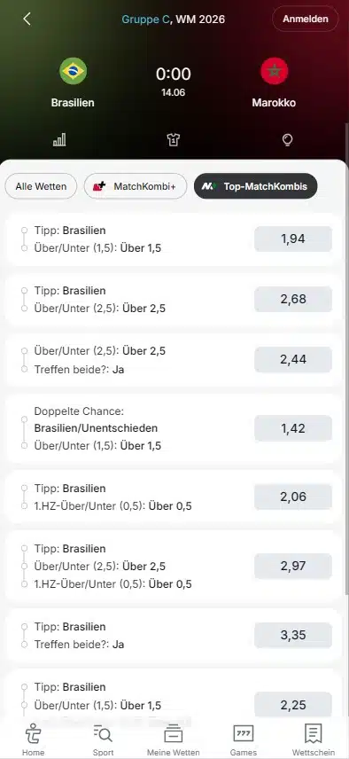 Tipico Wettquoten Matchkombi Brasilien - Marokko