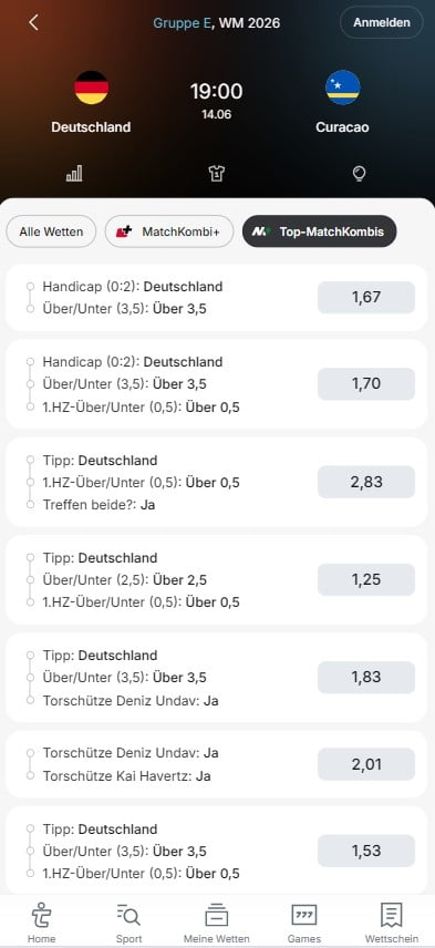 Tipico Wettquoten Matchkombi Deutschland - Curacao