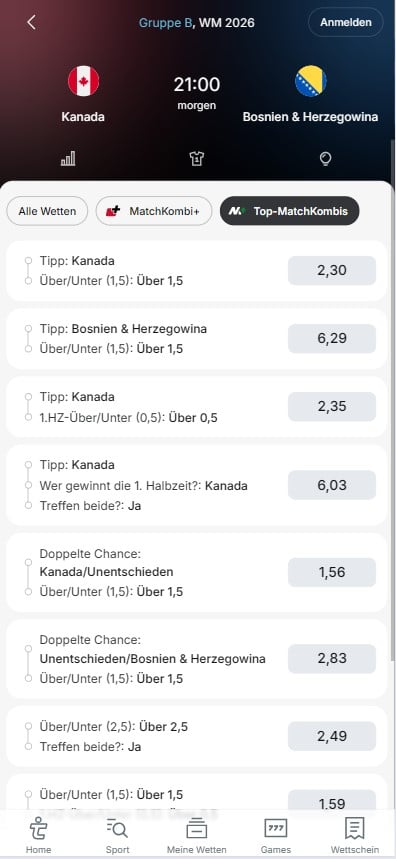 Tipico Quoten Kanada - Bosnien Matchkombi WM 2026