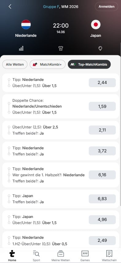 Tipico Wettquoten Niederlande - Japan Matchkombi+ WM 2026