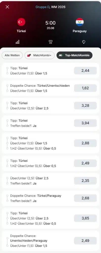 Türkei - Paraguay Tipico Quoten WM 2026 Matchkombi+