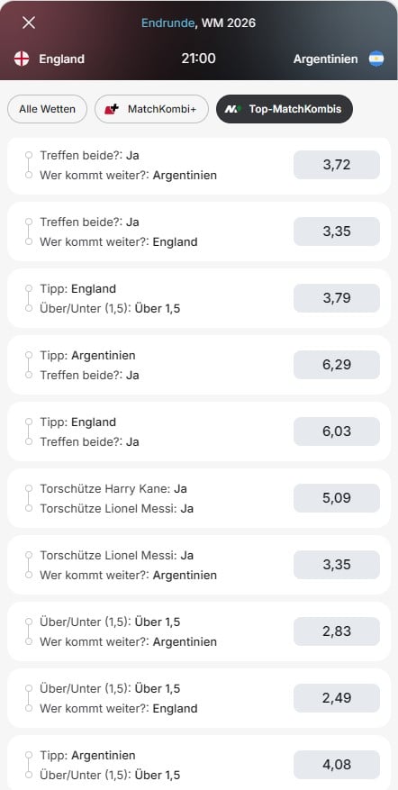 England - Argentinien Tipico Quoten Matchkombi+