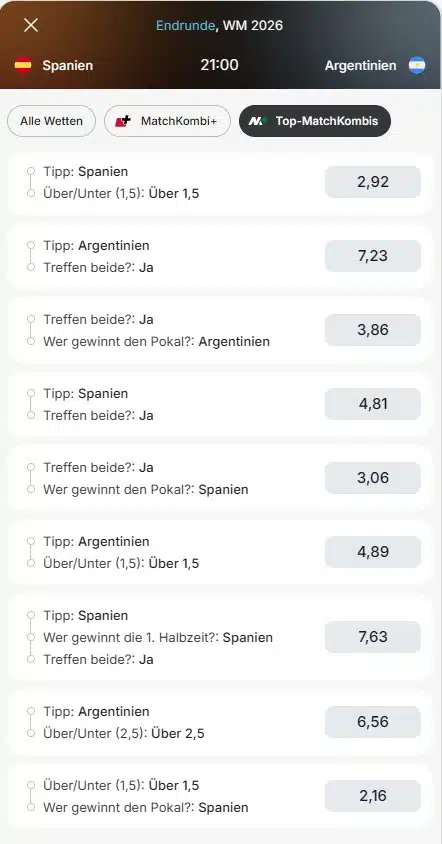 Spanien - Argentinien Wetten Quoten bei Tipico Matchkombi+ WM Finale 2026