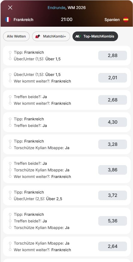 Tipico Wettquoten Frankreich - Spanien Matchkombi+ WM 2026
