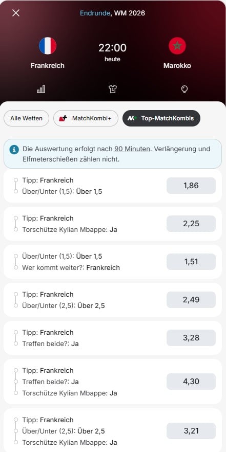 Tipico Wettquoten Frankreich - Marokko Matchkombi+